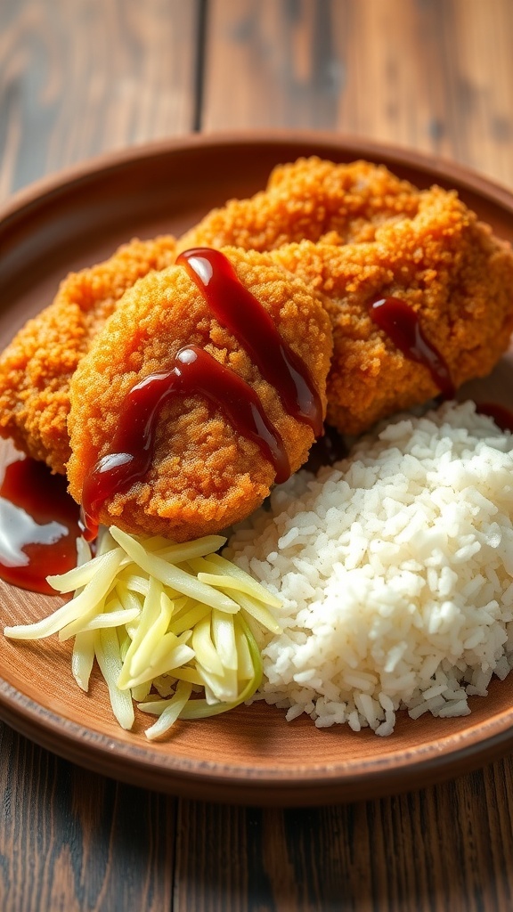 Crispy Air Fryer Chicken Katsu Recipe Crispy chicken katsu served with rice and cabbage, drizzled with tonkatsu sauce on a wooden table.